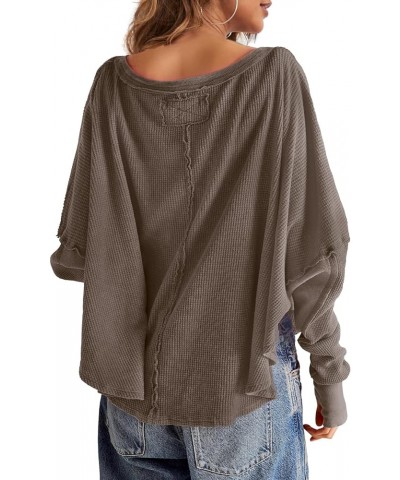 Womens Waffle Knit Tunic Tops Oversized Batwing Long Sleeve Shirt Casual Loose Fit Crewneck Pullover Dark Khaki $15.67 Tops