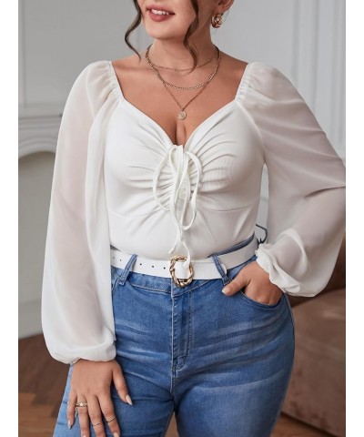 Plus Size Lantern Long Sleeve Bodysuit for Women Ruched Tie Tops Sweetheart Blouses Shirts One Piece Jumpsuit Plain White $16...