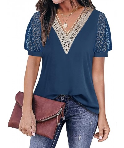 Womens Tops Casual Cute Tops Puff Sleeve Summer Tops 2024 Trendy Floral Print Lace V Neck Short Sleeve Shirts A Pure Navy $14...