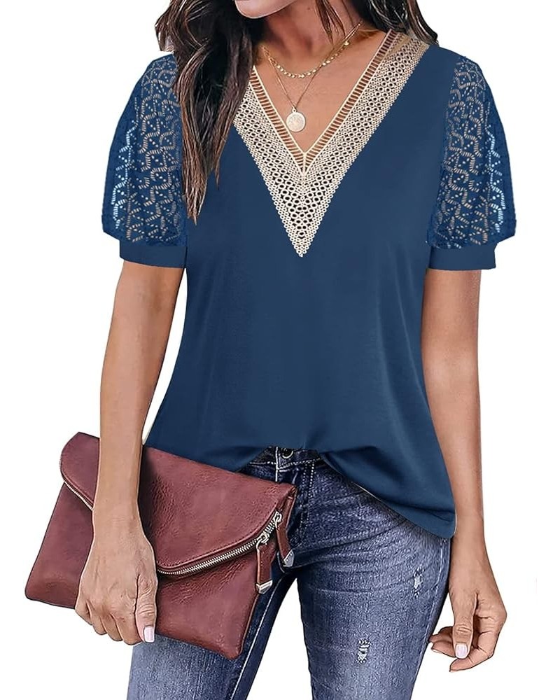 Womens Tops Casual Cute Tops Puff Sleeve Summer Tops 2024 Trendy Floral Print Lace V Neck Short Sleeve Shirts A Pure Navy $14...