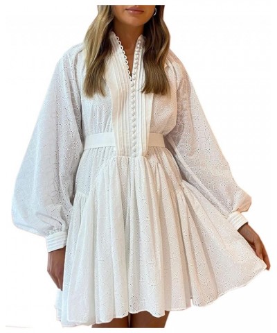 Women A-Line Lace Loose Baroque Button Down Long Sleeve Casual Dresses V Neck Embroidery Party Short Dress White $52.37 Dresses