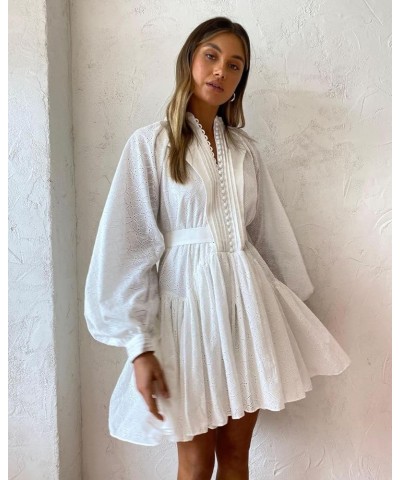 Women A-Line Lace Loose Baroque Button Down Long Sleeve Casual Dresses V Neck Embroidery Party Short Dress White $52.37 Dresses