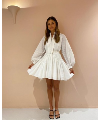 Women A-Line Lace Loose Baroque Button Down Long Sleeve Casual Dresses V Neck Embroidery Party Short Dress White $52.37 Dresses