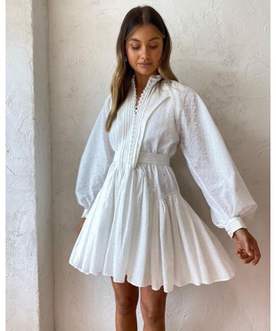 Women A-Line Lace Loose Baroque Button Down Long Sleeve Casual Dresses V Neck Embroidery Party Short Dress White $52.37 Dresses