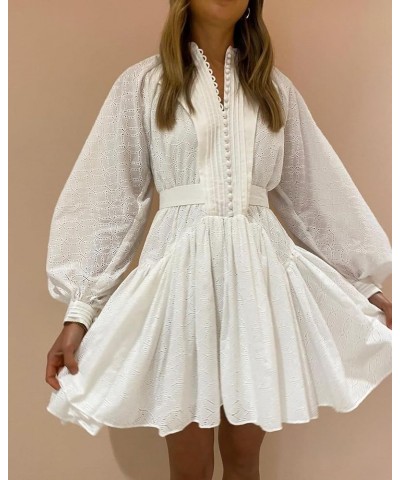 Women A-Line Lace Loose Baroque Button Down Long Sleeve Casual Dresses V Neck Embroidery Party Short Dress White $52.37 Dresses