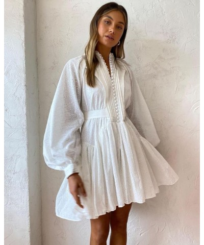 Women A-Line Lace Loose Baroque Button Down Long Sleeve Casual Dresses V Neck Embroidery Party Short Dress White $52.37 Dresses