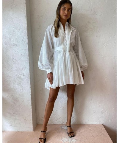 Women A-Line Lace Loose Baroque Button Down Long Sleeve Casual Dresses V Neck Embroidery Party Short Dress White $52.37 Dresses