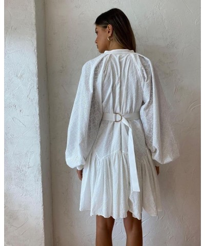 Women A-Line Lace Loose Baroque Button Down Long Sleeve Casual Dresses V Neck Embroidery Party Short Dress White $52.37 Dresses