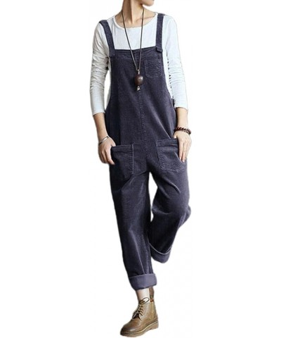 Womens Corduroy Overalls Long Bib Pants Romper Casual Corduroy Jumpsuits Baggy Adjustable Strap Jumpsuit With Pockets Dark Bl...