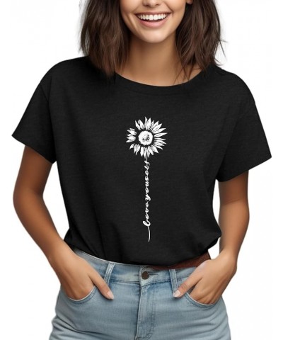 Womens Tops Summer T Shirts Short Sleeve Tee Crew Neck Casual Flower Graphic Blouse Black-sunflower-a $11.39 T-Shirts