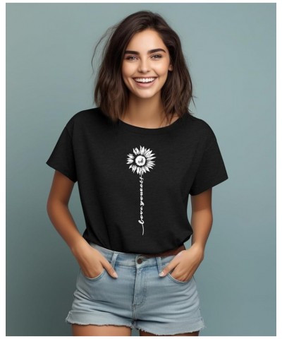 Womens Tops Summer T Shirts Short Sleeve Tee Crew Neck Casual Flower Graphic Blouse Black-sunflower-a $11.39 T-Shirts