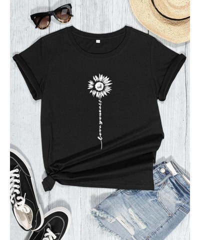 Womens Tops Summer T Shirts Short Sleeve Tee Crew Neck Casual Flower Graphic Blouse Black-sunflower-a $11.39 T-Shirts