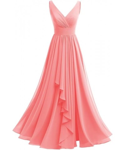 Women‘s V-Neck Bridesmaid Dresses with Slit Long Pleated Chiffon A-Line Formal Party Dresses with Pockets YO002 Coral $21.12 ...