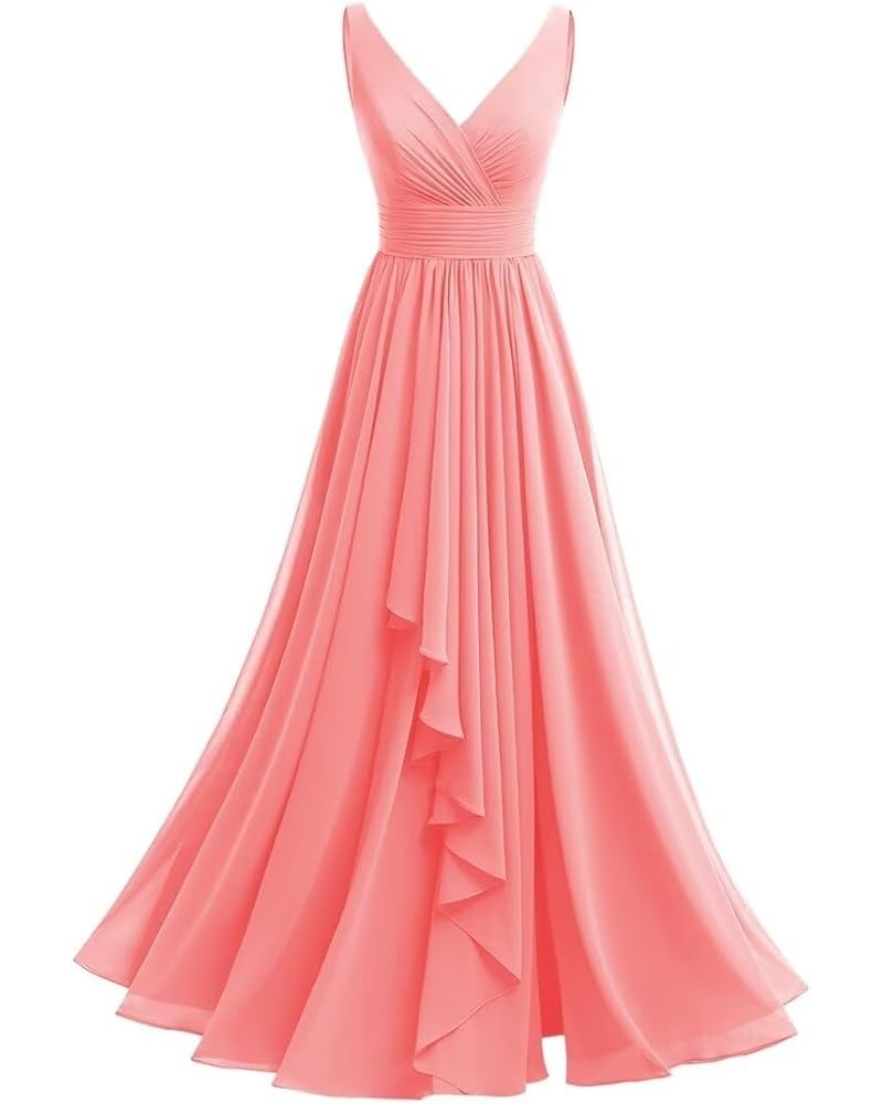 Women‘s V-Neck Bridesmaid Dresses with Slit Long Pleated Chiffon A-Line Formal Party Dresses with Pockets YO002 Coral $21.12 ...