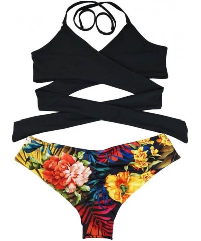 Womens Teen Cross Wrap Bandage Halter High Waisted Bikini Set Bathing Suits Two Pieces Swimsuit Black Top+flowers Bottom $9.5...