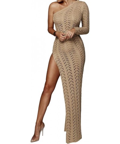 Womens Sexy Off Shoulder Long Sleeve Hollow Out High Split Knit Dress Beach Pencil Party Maxi Dresss Camel $22.55 Dresses