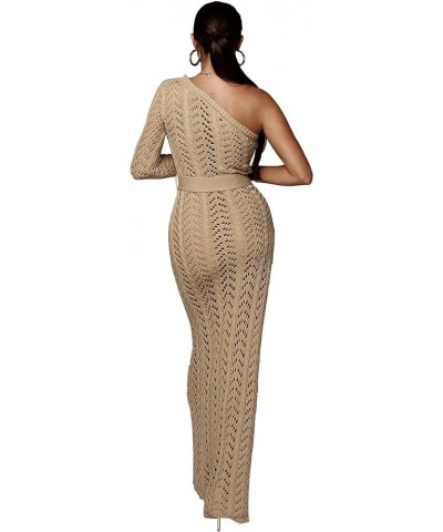 Womens Sexy Off Shoulder Long Sleeve Hollow Out High Split Knit Dress Beach Pencil Party Maxi Dresss Camel $22.55 Dresses