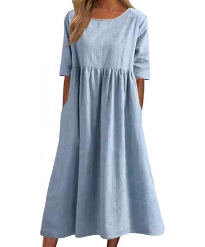 Women's Summer Linen Short Sleeve Midi Dress Casual Crewneck Boho Solid Tshirt Dress with Pockets Light Blue $15.68 Dresses