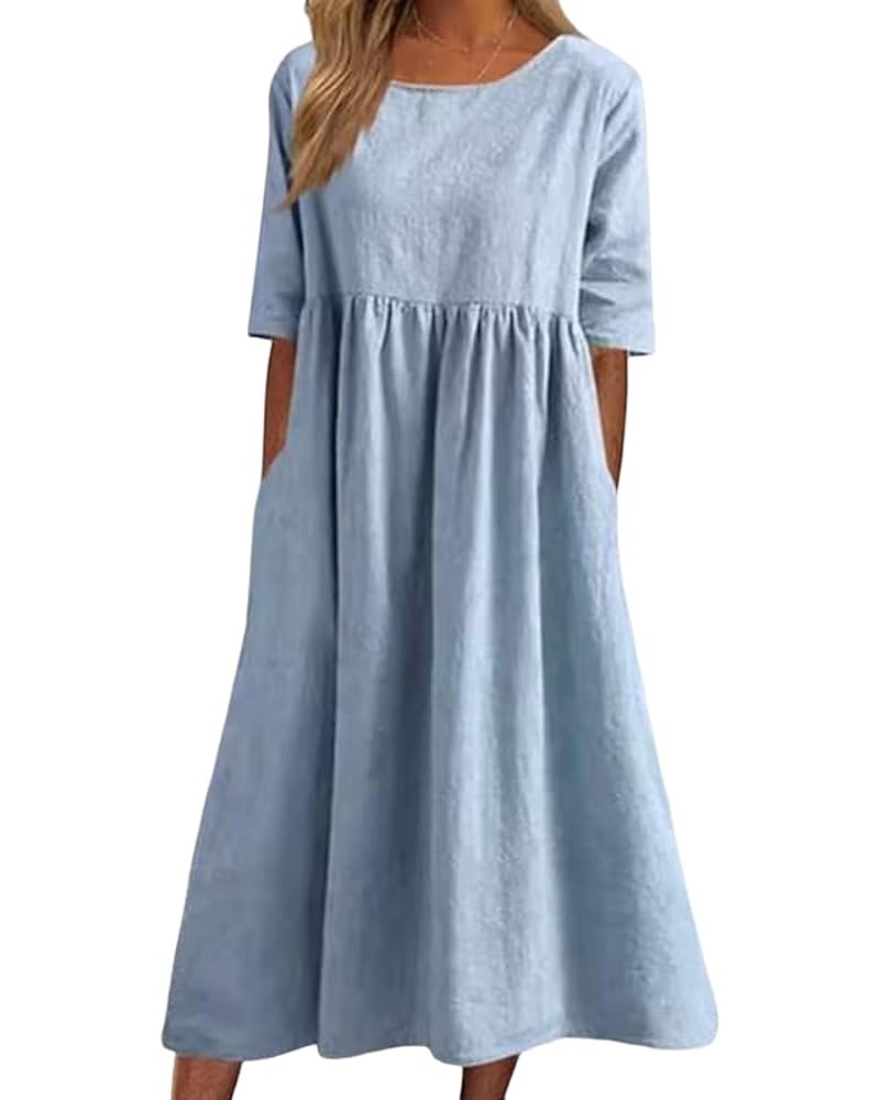 Women's Summer Linen Short Sleeve Midi Dress Casual Crewneck Boho Solid Tshirt Dress with Pockets Light Blue $15.68 Dresses