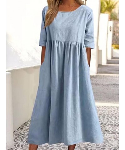 Women's Summer Linen Short Sleeve Midi Dress Casual Crewneck Boho Solid Tshirt Dress with Pockets Light Blue $15.68 Dresses