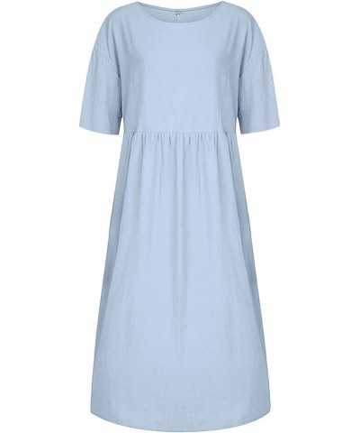 Women's Summer Linen Short Sleeve Midi Dress Casual Crewneck Boho Solid Tshirt Dress with Pockets Light Blue $15.68 Dresses