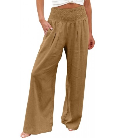 Women Palazzo High Waisted Linen Pants Casual Elastic Waist Wide Leg Pants Trousers Baggy Slacks with Pockets 09 Yellow $9.00...