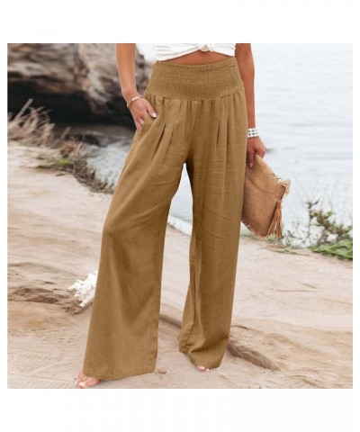 Women Palazzo High Waisted Linen Pants Casual Elastic Waist Wide Leg Pants Trousers Baggy Slacks with Pockets 09 Yellow $9.00...