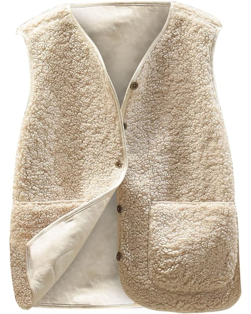 Women's Fuzzy Fleece Vest Classic Fit Casual Sleeveless Button Sherpa Vest Jacket with Pockets for Fall Winter Beige $6.62 Vests