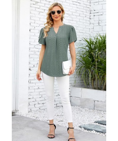 Women Summer Casual Short Sleeve T-Shirts V Neck Tops Short Sleeve Loose Fit Tunic Blouses T-green $11.76 Tops