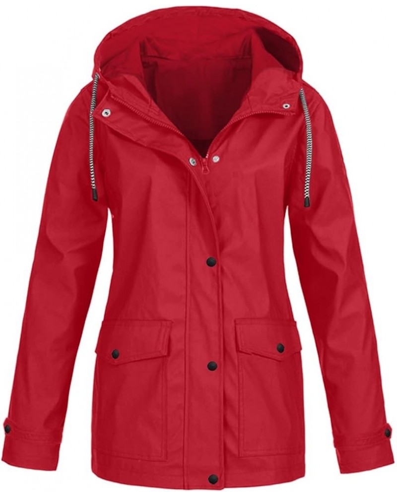 Rain Jackets For Women Waterproof With Hood Plus Size Soild Windproof Hiking Lightweight Coat 04-red $9.00 Coats