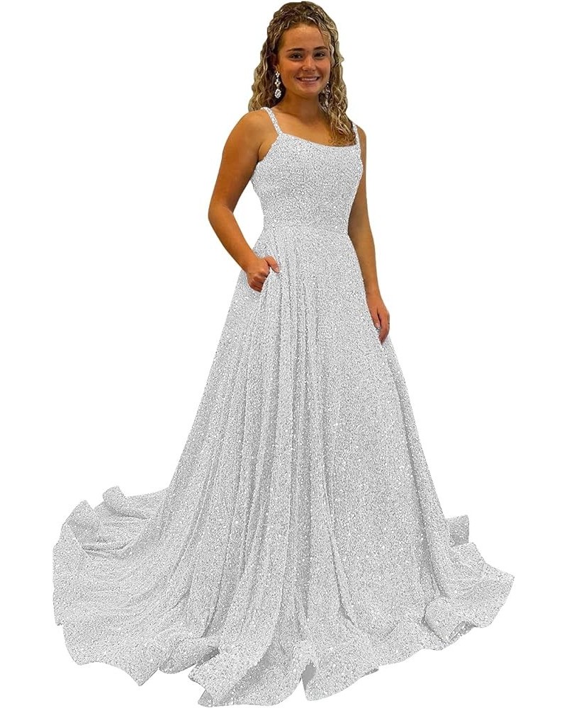 A Line Square Neck Sequins Prom Dress Sparkly Spaghetti Straps Long Ball Gowns with Pockets RS025 A-white $40.84 Dresses