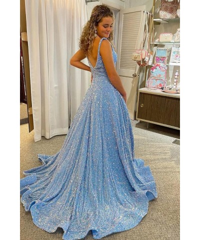 A Line Square Neck Sequins Prom Dress Sparkly Spaghetti Straps Long Ball Gowns with Pockets RS025 A-white $40.84 Dresses