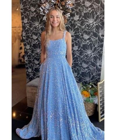 A Line Square Neck Sequins Prom Dress Sparkly Spaghetti Straps Long Ball Gowns with Pockets RS025 A-white $40.84 Dresses