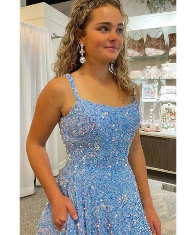 A Line Square Neck Sequins Prom Dress Sparkly Spaghetti Straps Long Ball Gowns with Pockets RS025 A-white $40.84 Dresses