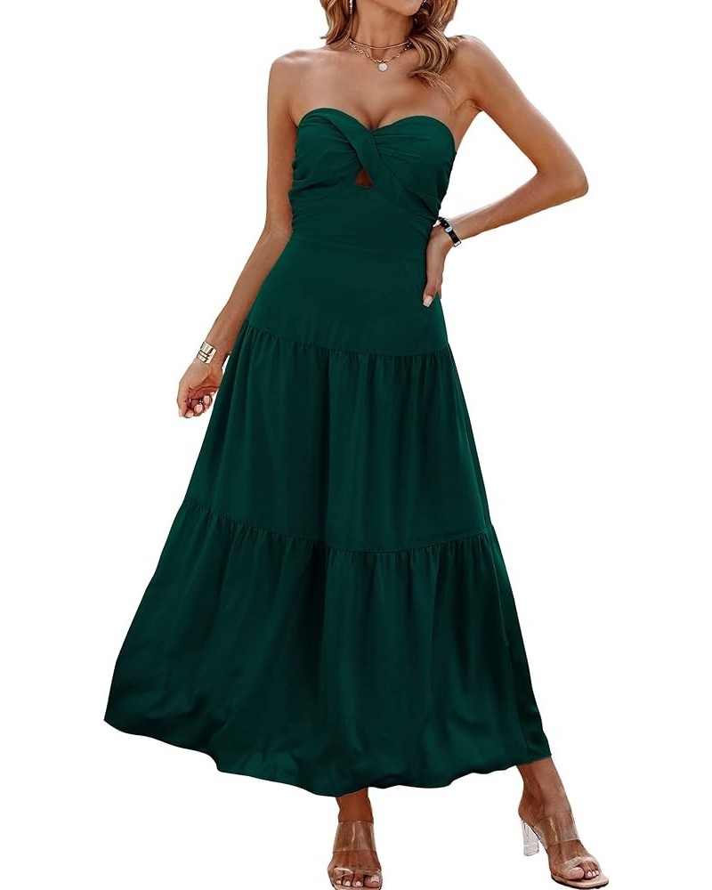 Women's Summer Strapless Dress Maxi Off Shoulder Hollow Out Smocked A Line Tube Tiered Long Dresses Dark Green $15.04 Dresses