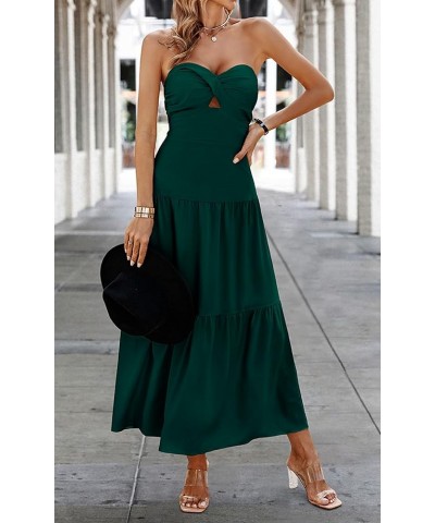 Women's Summer Strapless Dress Maxi Off Shoulder Hollow Out Smocked A Line Tube Tiered Long Dresses Dark Green $15.04 Dresses