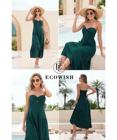 Women's Summer Strapless Dress Maxi Off Shoulder Hollow Out Smocked A Line Tube Tiered Long Dresses Dark Green $15.04 Dresses