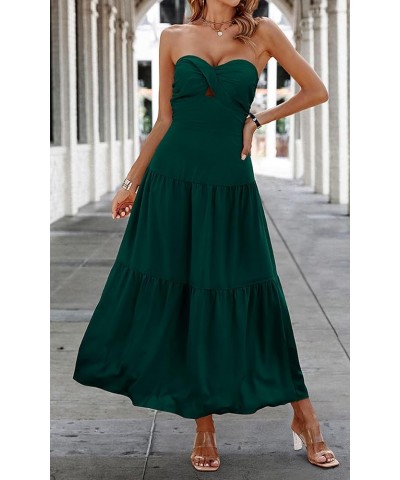 Women's Summer Strapless Dress Maxi Off Shoulder Hollow Out Smocked A Line Tube Tiered Long Dresses Dark Green $15.04 Dresses