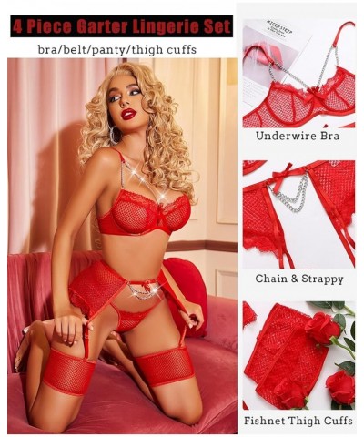 Garter Set Lingerie for Women Fishnet Sexy Underwire Lace 4 Piece Sets Chain Bra S-XXL Red $14.24 Lingerie