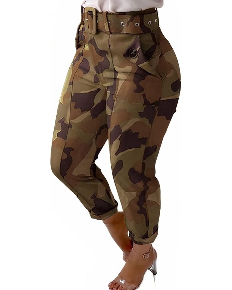 Women's Camo Pattern Belted Slant Pocket Pants Mid Waist Casual Pants Khaki $22.94 Pants