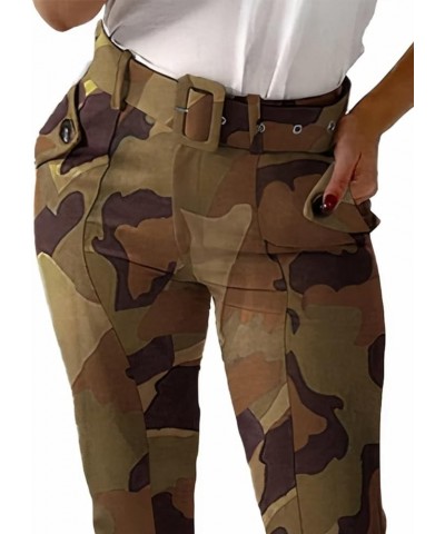 Women's Camo Pattern Belted Slant Pocket Pants Mid Waist Casual Pants Khaki $22.94 Pants