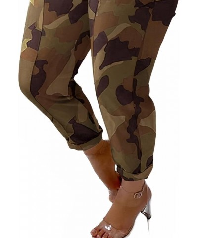 Women's Camo Pattern Belted Slant Pocket Pants Mid Waist Casual Pants Khaki $22.94 Pants