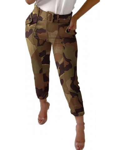 Women's Camo Pattern Belted Slant Pocket Pants Mid Waist Casual Pants Khaki $22.94 Pants