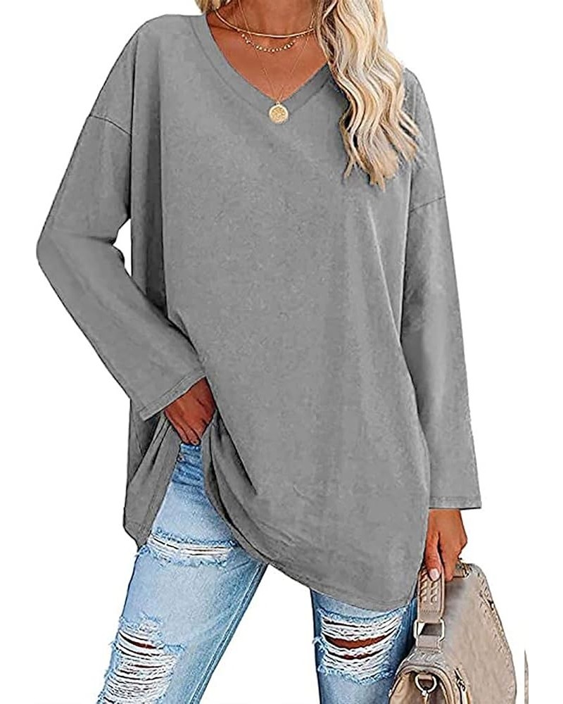 Womens Oversized T Shirts Half Sleeve V Neck Tees Comfy Cozy Cotton Blend Tunic Tops Solid Color Blouses Za-v-neck Grey $10.3...