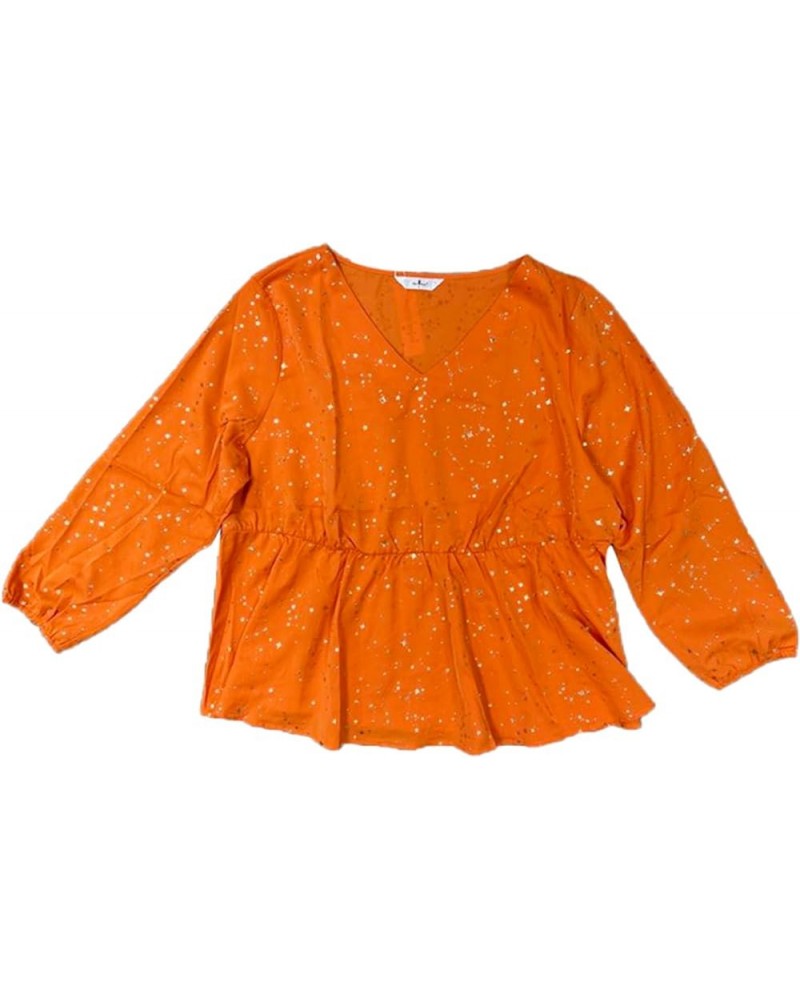 Plus Size Tops for Women Long Sleeve V Neck Peplum Top Ruffled Elastic Waist Blouses Valentine's Day Orange $14.35 Blouses