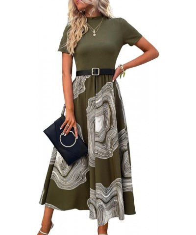 Women's Casual Printed Mock Neck Short Sleeve High Waist Flowy A Line Long Dress Army Green $19.59 Dresses