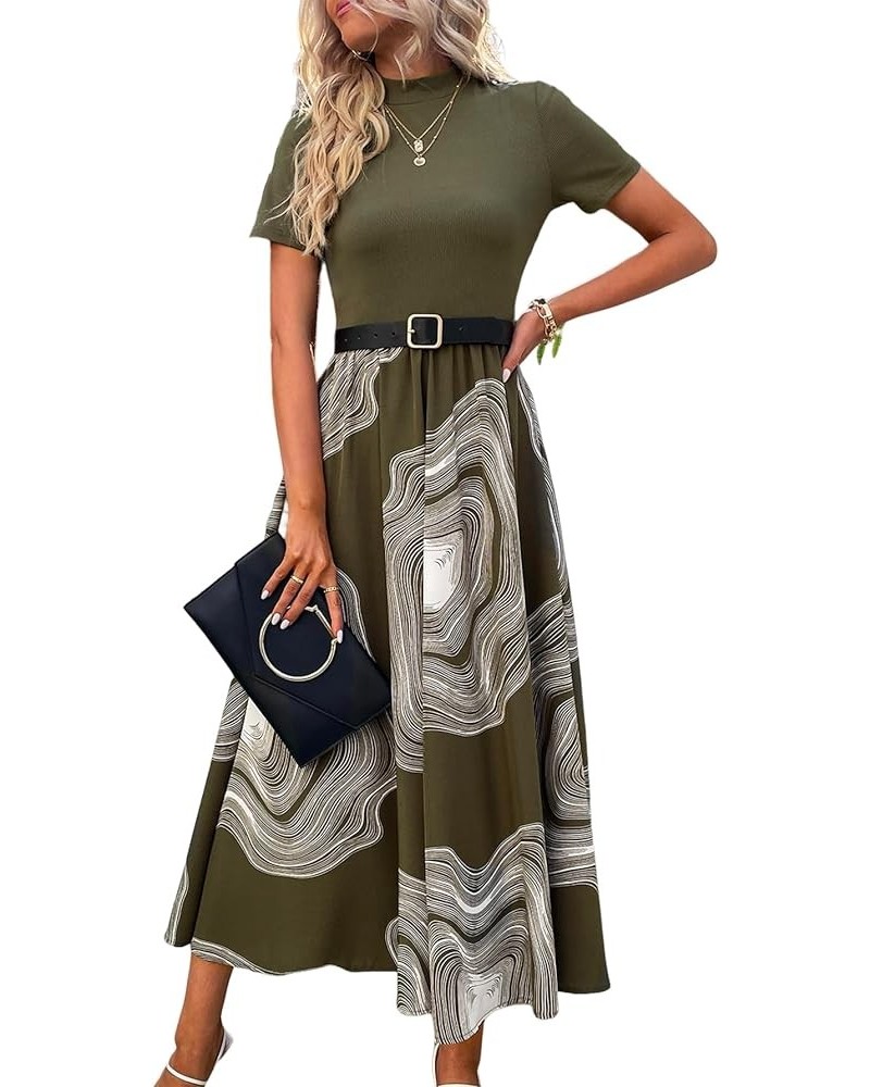 Women's Casual Printed Mock Neck Short Sleeve High Waist Flowy A Line Long Dress Army Green $19.59 Dresses