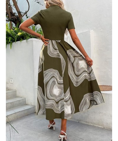 Women's Casual Printed Mock Neck Short Sleeve High Waist Flowy A Line Long Dress Army Green $19.59 Dresses