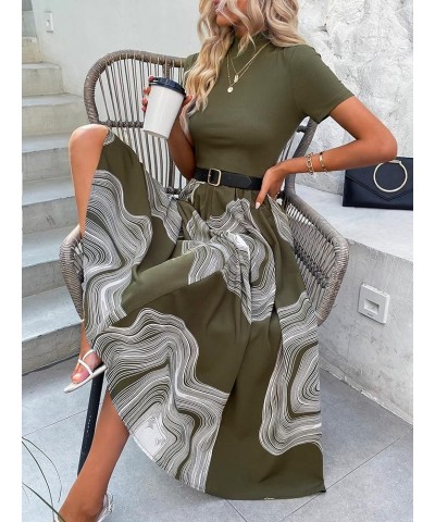 Women's Casual Printed Mock Neck Short Sleeve High Waist Flowy A Line Long Dress Army Green $19.59 Dresses