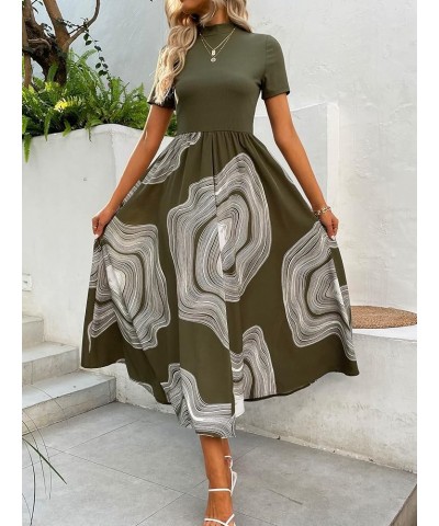 Women's Casual Printed Mock Neck Short Sleeve High Waist Flowy A Line Long Dress Army Green $19.59 Dresses